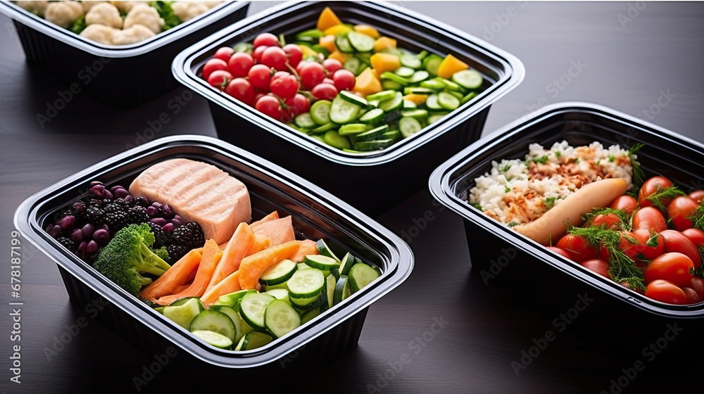salad with vegetables n aluminium boxes,, Healthy food delivery. Fitness food. Weight loss nutrition diet. Eat right concept, healthy food, clean food