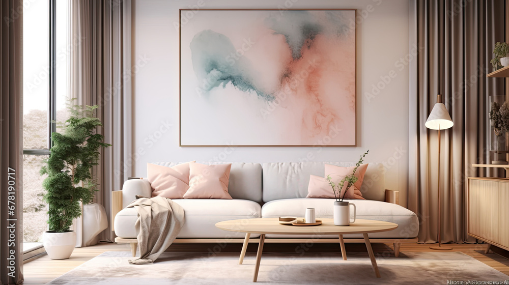 modern living room interior with sofa, Grey sofa with pink pillows and blanket against white wall with abstract art poster. Interior design of modern living room