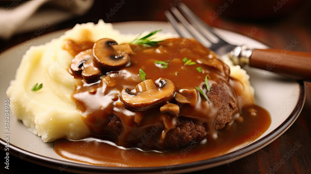 meatballs with mashed potatoes, Traditional American cuisine dish specialty for family dinner holiday celebration,Delicious home cooked Salisbury steak