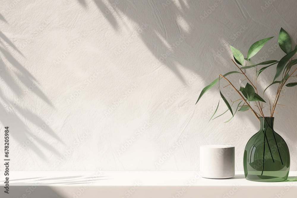 flowers in vase on white wall with copy space,White empty concrete textured wall and podium stage background, green glass vase with plants, neutral sustainable natural brand product showcase template,