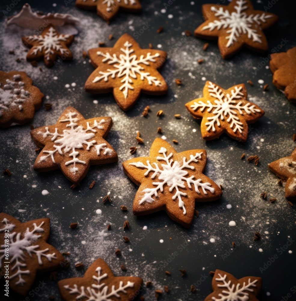 ginger cookies on a dark background with snowflakes