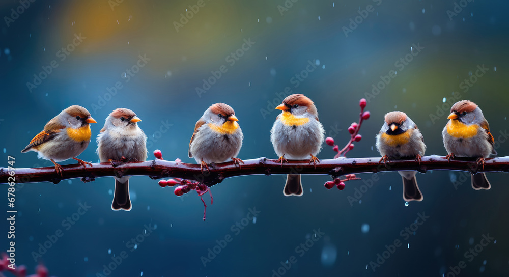 a group of  birds on a branch, birds sitting on a branch in summer garden in the rain