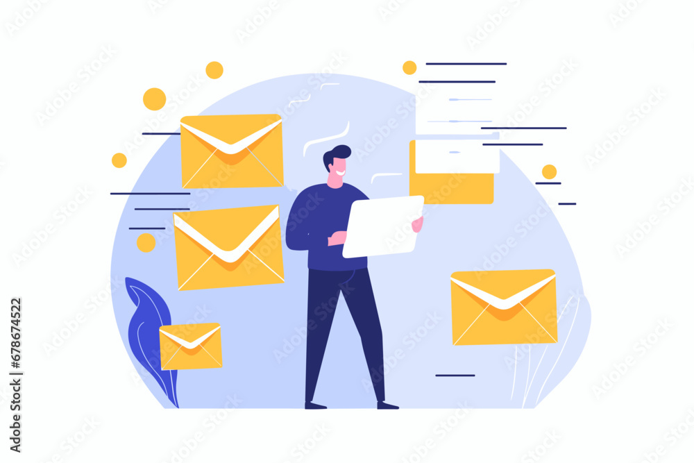 Concept of communication with clients/customers through email, subscription newsletter automation, online advertising and mailing list services. Professional businessman hero delivering a envelope.