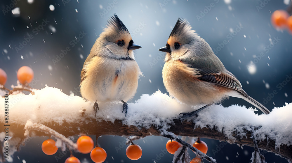 Two birds are sitting on a snowy tree branch in winter during a snowfall