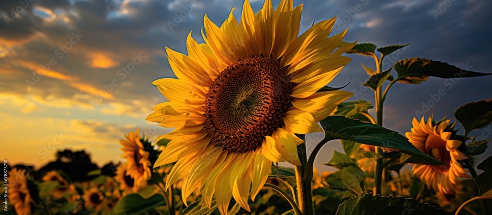 In the summer amidst the picturesque landscape with clouds adorning the sky a vibrant sunflower thrived its yellow petals shimmering under the warm sun standing tall against a backdrop of l