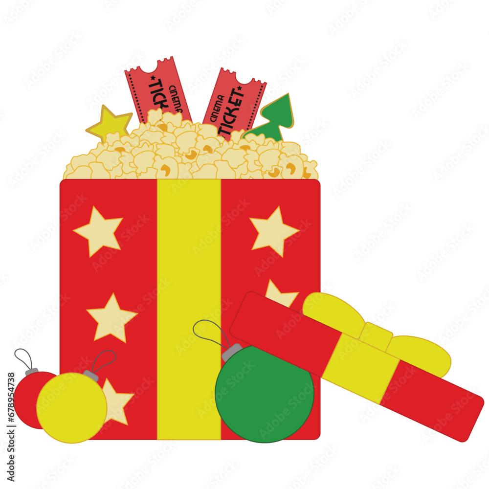 Gift box with popcorn, tickets and Christmas balls on white background
