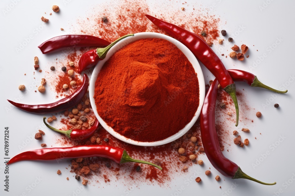 Red hot chili, Red pepper flakes and chili powder on white background, Top view.