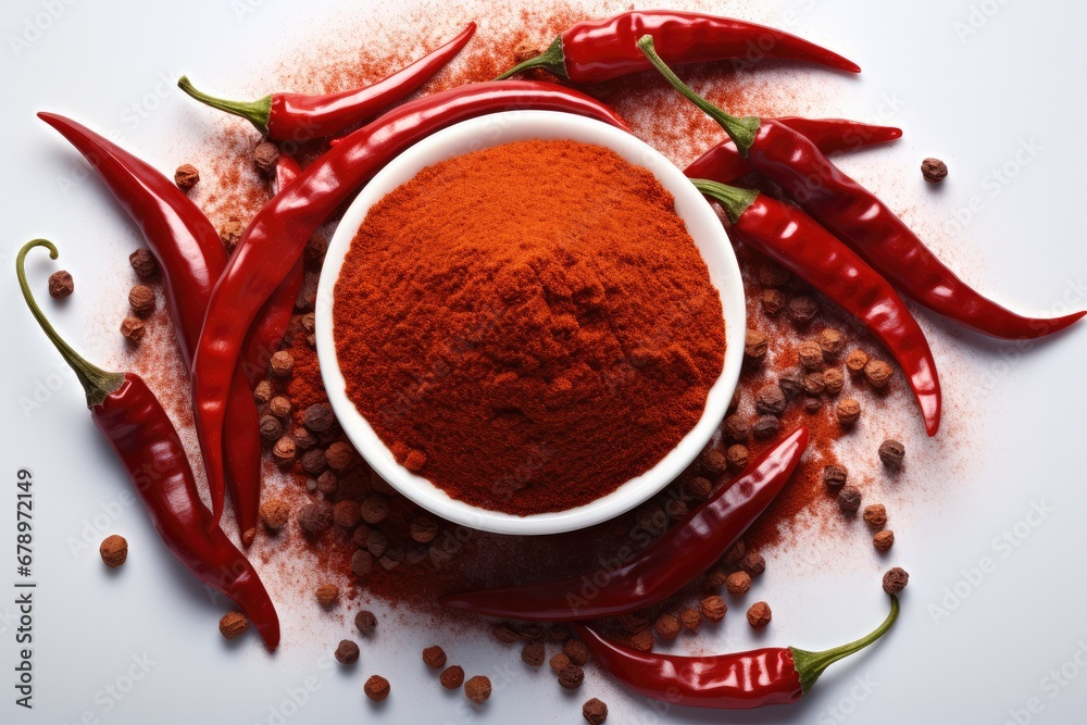 Red hot chili, Red pepper flakes and chili powder on white background, Top view.