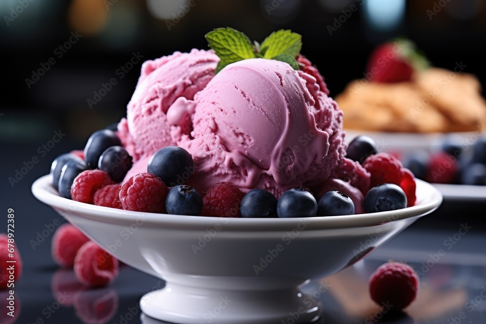 Blueberry ice cream and blueberries in bowl on a marble counter.