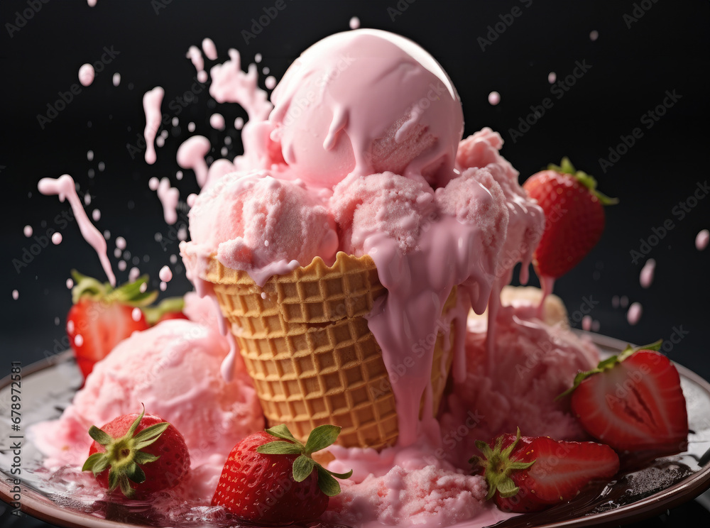 Strawberry ice cream scoops with strawberries around falling.