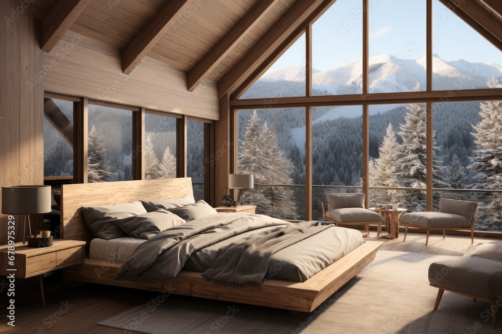 Bedroom interior in a modern wooden house in the mountains, Sunny weather.