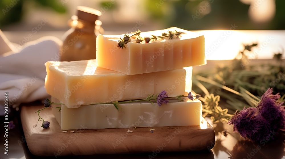 Artisanal bars of natural handmade soap adorned with fresh flowers and aromatic herbs on a rustic wooden background, embodying ecofriendly skincare and wellness.