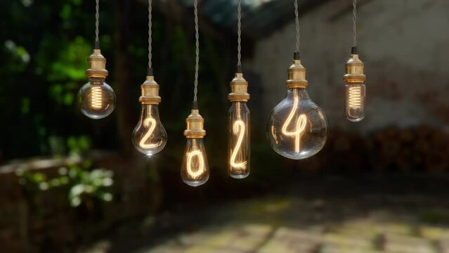 Light bulb New Year video background. Edison light bulb. 2024 year.