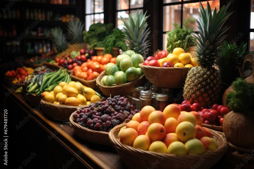 A lots of fruits and vegetables in a store.