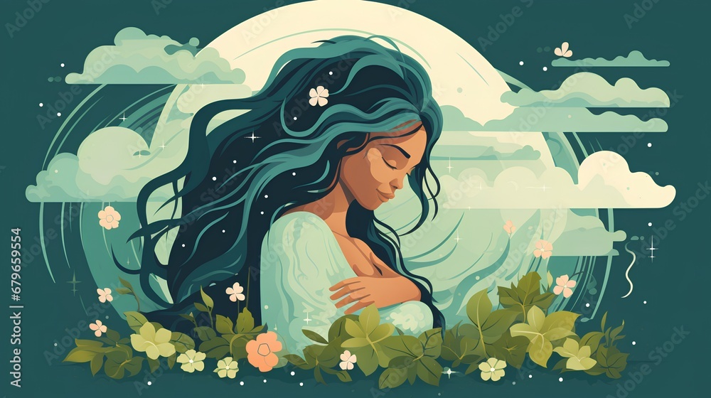 Illustration of the Mother Earth, a woman with flowing long hair gracefully intertwined with stylized elements of nature, symbolizing the harmonious relationship between humans and the environment.