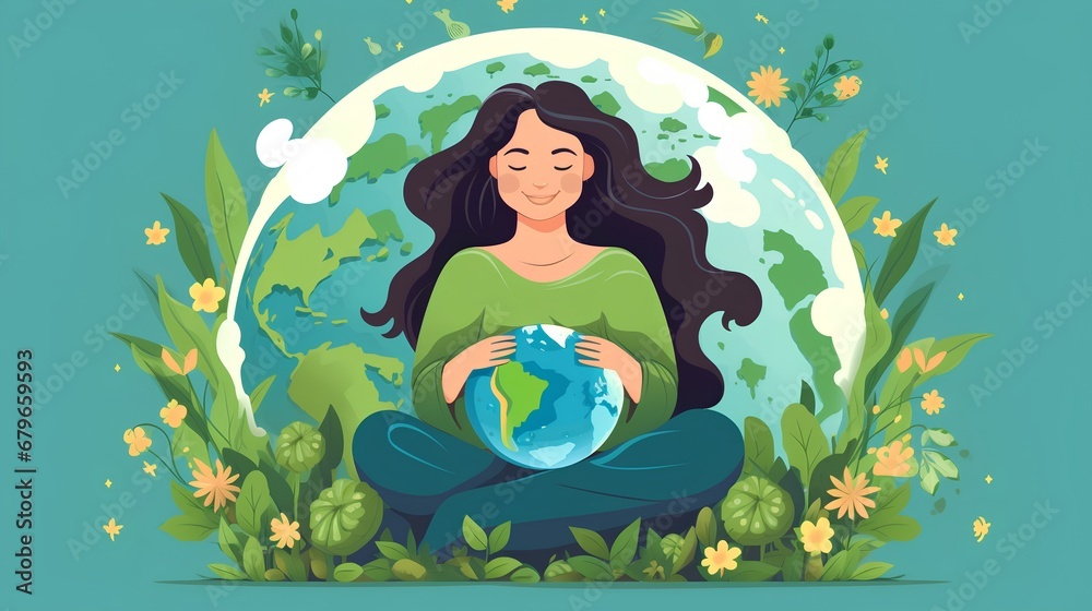 Mother Earth depicted as a serene woman in a lotus position, encircled by a vibrant array of natural elements like flowers, trees, and wildlife, symbolizing harmony with nature.