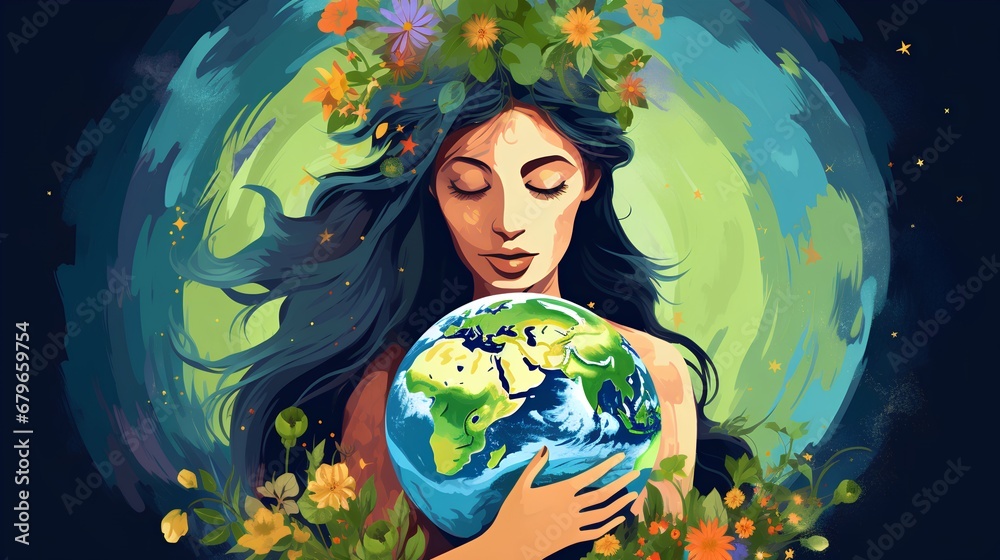 An artistic representation of Mother Earth as a serene woman with flowing hair cradling a delicate globe, enveloped by an array of vibrant greenery, symbolizing natures nurturing embrace.