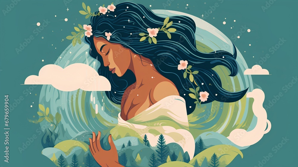 Illustration of the Mother Earth, a woman with flowing long hair gracefully intertwined with stylized elements of nature, symbolizing the harmonious relationship between humans and the environment.