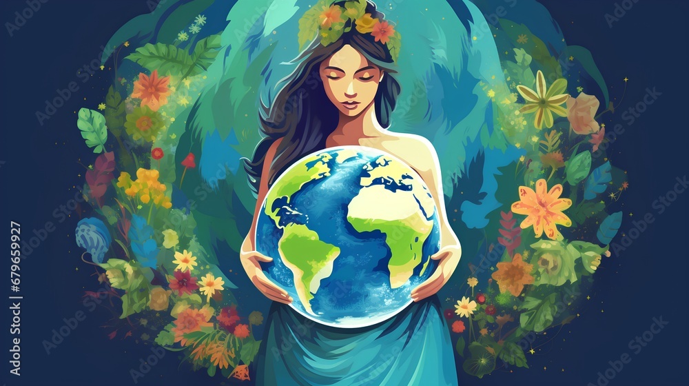 An artistic representation of Mother Earth as a serene woman with flowing hair cradling a delicate globe, enveloped by an array of vibrant greenery, symbolizing natures nurturing embrace.