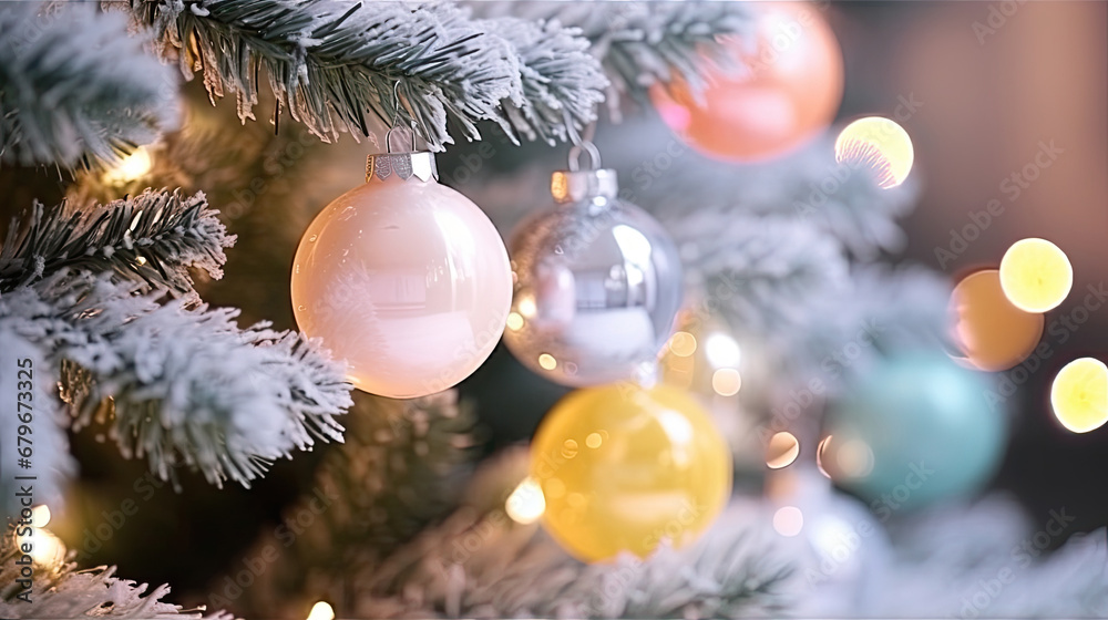 Decorated Christmas tree on pink blurred background., christmas tree decorations. Close up of balls on christmas tree. Bokeh garlands in the background. New Year concept.