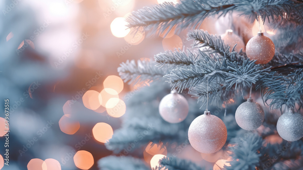 Decorated Christmas tree on pastel blurred background., christmas tree decorations. Close up of balls on christmas tree. Bokeh garlands in the background. New Year concept.