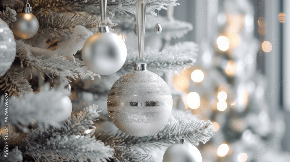 Decorated Christmas tree on silver blurred background., christmas tree decorations. Close up of balls on christmas tree. Bokeh garlands in the background. New Year concept.