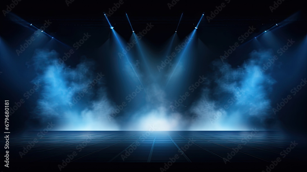 Illuminated stage with scenic lights and smoke. Blue vector spotlight with smoke volume light effect on black background. Stadium cloudiness projector, background for design. Stage light at a concert 