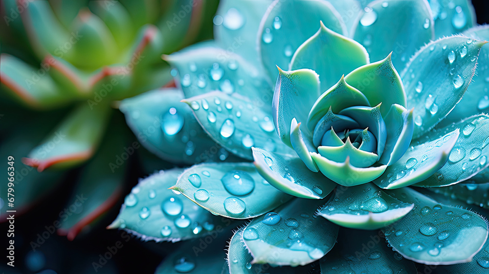 close-up of green blue  succulent   plant covered with water drop. Water preservation concept.,close up of a green  plant