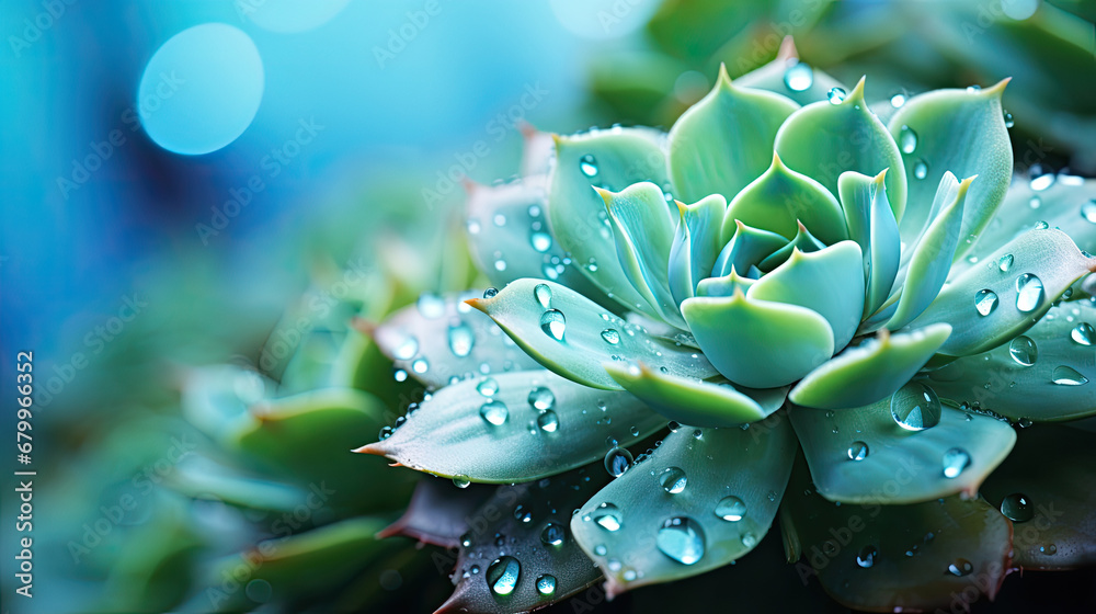 close-up of green blue  succulent   plant covered with water drop. Water preservation concept.,close up of a green  plant