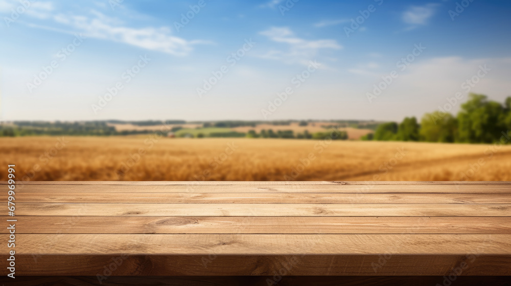  empty wooden brown table top with blur background of farmland and blue sky.