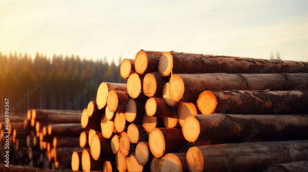 Group of Log trunks pile, Wooden trunks pine, Logging timber wood industry.