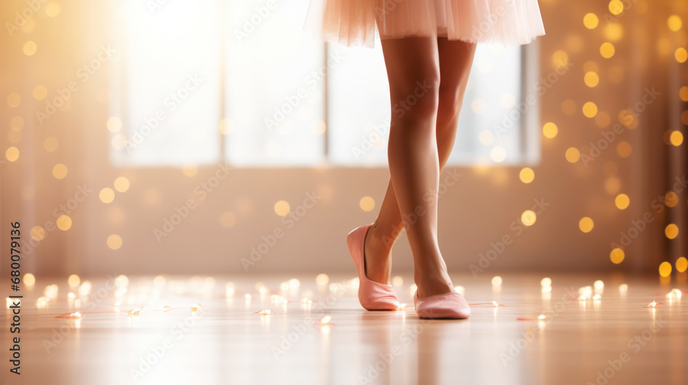 Ballerina legs in pink dance shoes and tutu. Light festive background. Copy space. Generative AI