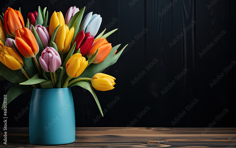 a bouquet of tulips on vase on black background