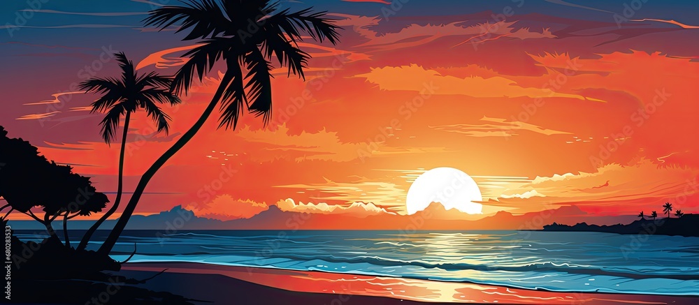 As the sun sets over the horizon, casting a vibrant orange glow across the beach, a silhouette of a tree stands tall against the picturesque backdrop of the blue sky dotted with fluffy white clouds