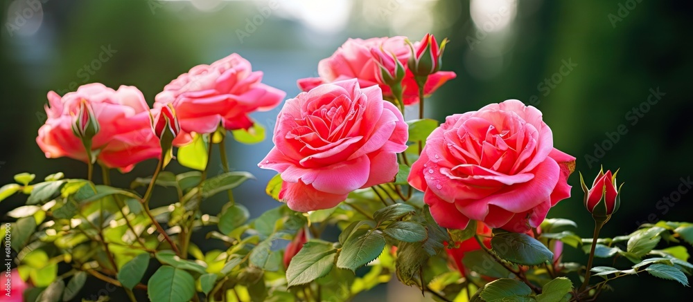 The beautiful pink and red roses with their delicate petals bloomed against a vibrant green background, adding a pop of color and enhancing the floral beauty of the garden.