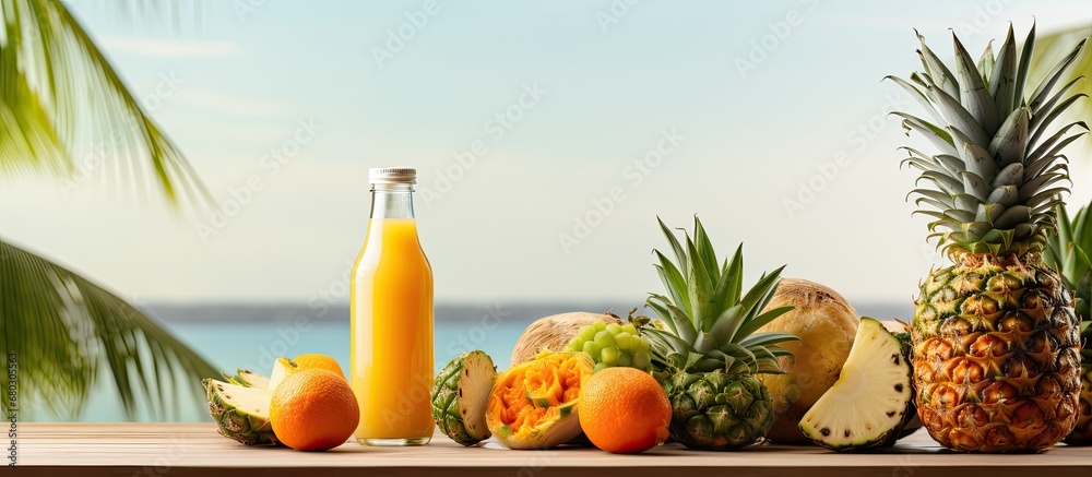 A tropical lifestyle is portrayed by the vibrant colors of nature, with the sight of a red-orange pineapple and a glass bottle filled with healthy, natural mango and yellow-orange pineapple juice