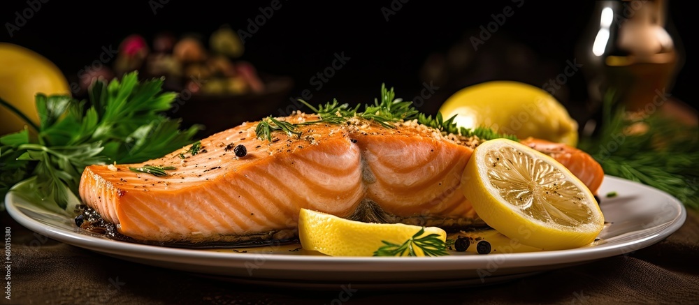 For a healthy and delicious seafood dinner, try this gourmet meal of cooked salmon served on a plate garnished with fresh fish, lemon, and a seafood dish that is sure to satisfy your taste buds during