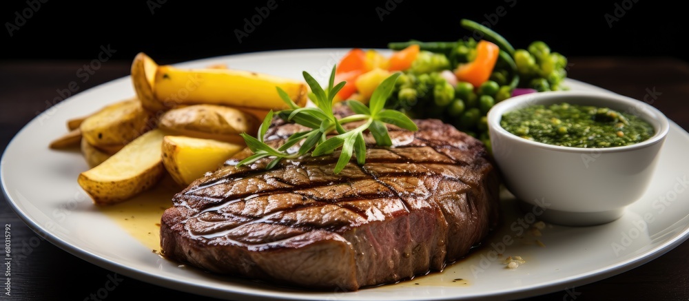 In a restaurant renowned for its gourmet cuisine, a succulent, perfectly roasted steak was served on a plate, accompanied by a variety of vibrant vegetables and a side dish of fried French potatoes