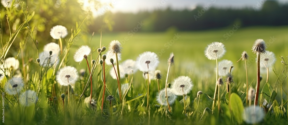 beautiful field, white dandelion flowers sway gracefully summer breeze, showcasing the natural beauty of natures green plants.