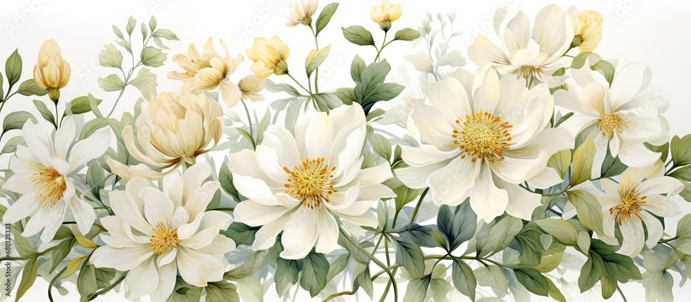 In a stunning display of natures beauty, a white floral design blooms with vibrant colors and intricate textures, isolated against a white background. The summer sun and love of spring are reflected