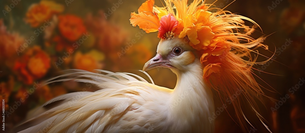 stunning background of nature, a majestic gold and white bird with a vibrant orange plumage and a crown-like headpiece showcases the beauty of its colors in a regal portrait, embodying the tropical
