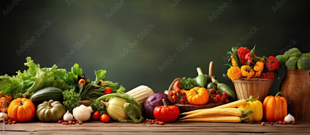 background of the vintage table, surrounded by the vibrant colors of summer and autumn, there was an array of healthy, green, and orange foods, showcasing the harmonious connection between nature