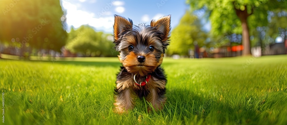 The young Yorkshire Terrier puppy poses for a cute portrait on the green grass, with its black and red hair standing out against the vibrant backdrop, showcasing its adorable nature as a companion dog