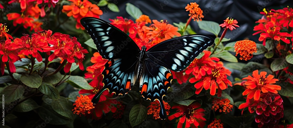 midst of a lush green garden, a beautiful butterfly gracefully danced among the vibrant floral blooms, its wings a mesmerizing display of red, black, and hints of gold, adding to the breathtaking