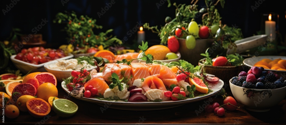 At the Christmas party, the guests feasted on a delectable spread of food, including a vibrant fruit salad, succulent salmon, and freshly baked bread with garlic-infused cheese.