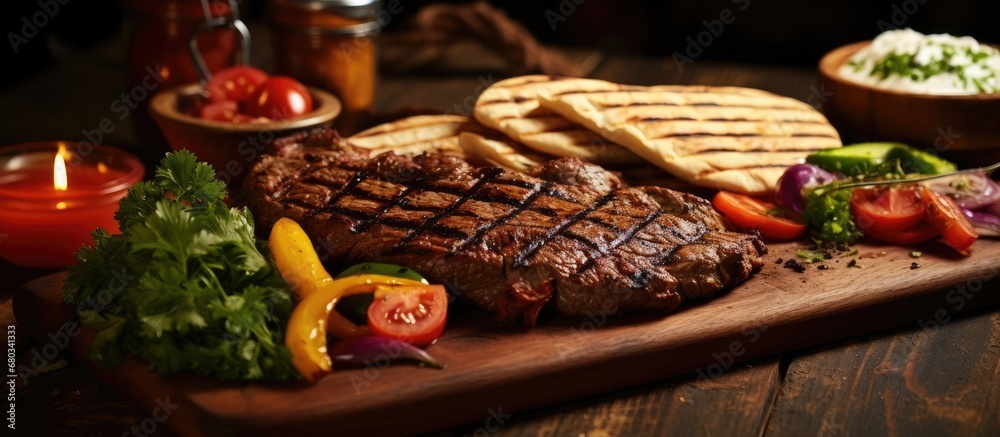 In the background of the cozy restaurant, the aroma of sizzling meat on the barbecue filled the air as patrons enjoyed their meals. The wooden tables were adorned with a variety of dishes, from bread