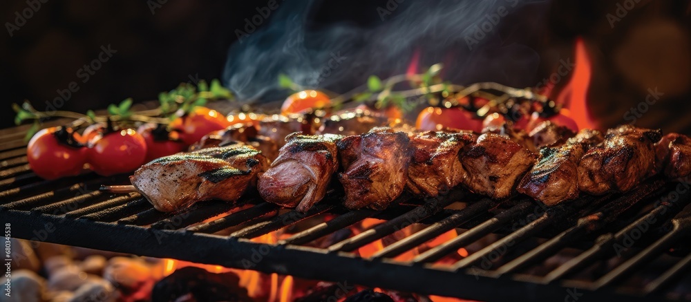At the summer party, the smell of smoke filled the air as the chefs expertly cooked meat on the red-hot grill, infusing it with rich flavors from the herb-infused marinade, turning a simple barbecue