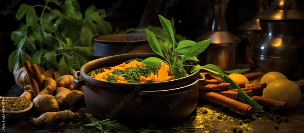 In the busy kitchen, a black pot simmered with fragrant Indian and Asian spices, infusing the food with healthy flavors from natural and organic ingredients like yellow turmeric root and leafy herbs
