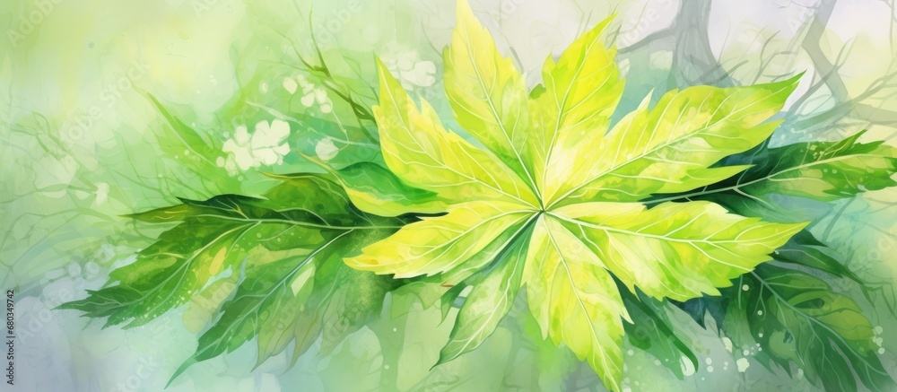 In the beautiful summer forest, a hand drew a stunning watercolor illustration of a vibrant green leaf, showcasing its intricate pattern and texture, for a nature-inspired fashion poster design with