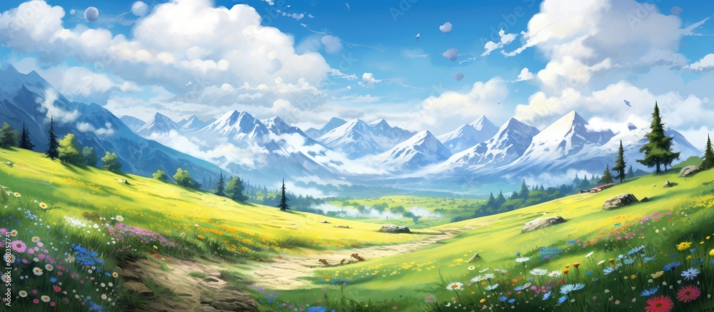 In an idyllic summer landscape, the sky painted a brilliant blue, wispy clouds floated above the vibrant green grass and colorful flowers, creating a breathtaking illustration of natures beauty. The